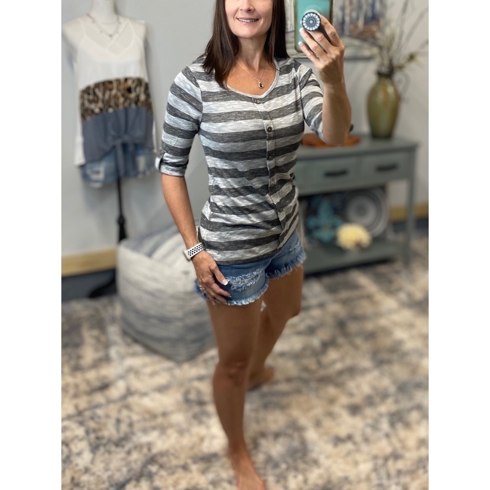 🎀PLUS Stripe Faux Button Sweater Gray 1117